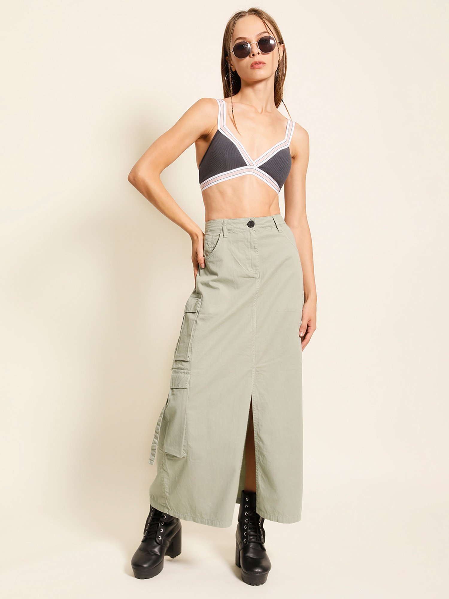 Bene Kleed Sage Green Cotton Maxi Cargo Skirt