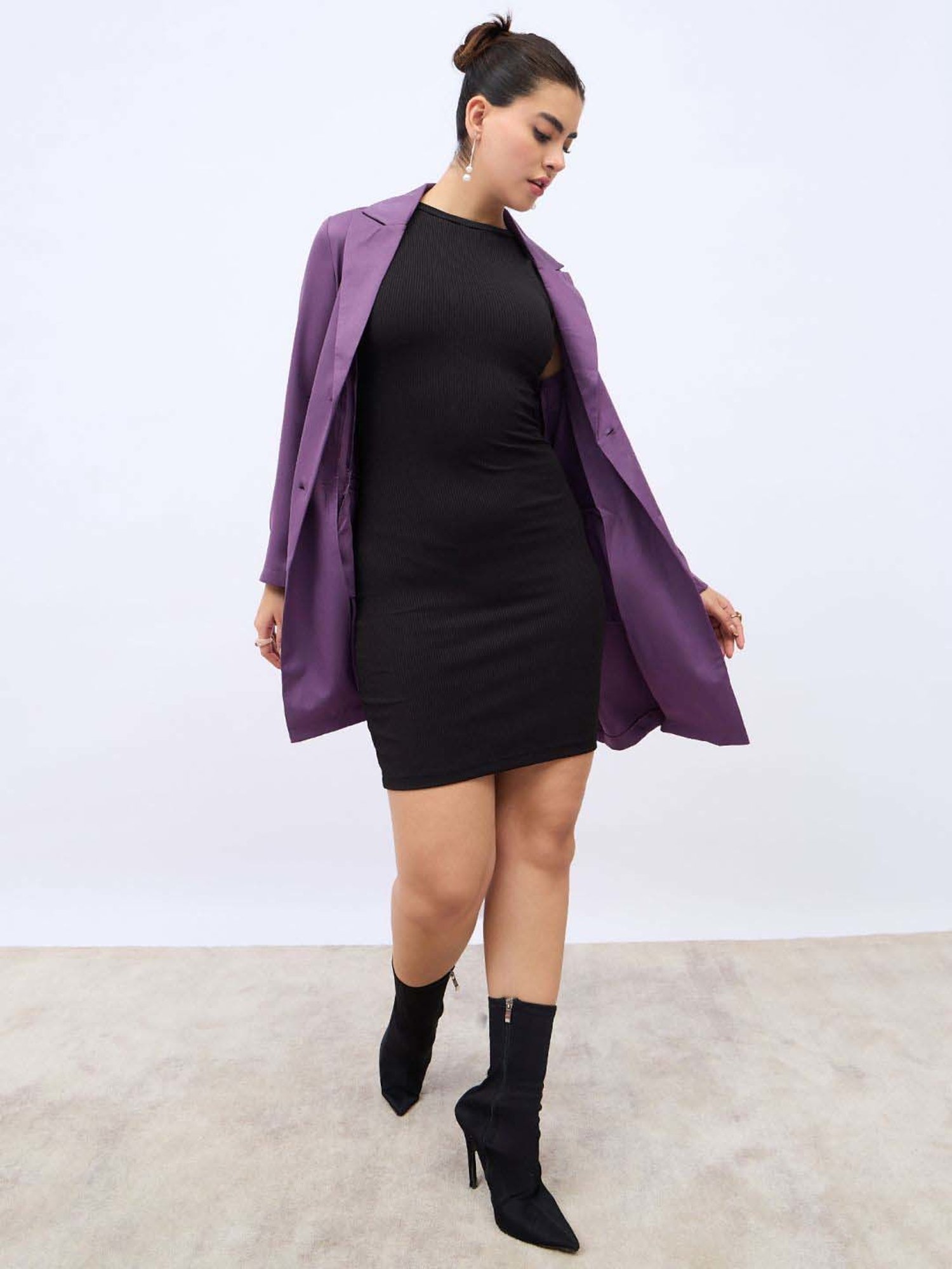 Styli Purple Plain Blazer A-Line Dress With Belt Styli Purple Plain Blazer A-Line Dress With Belt