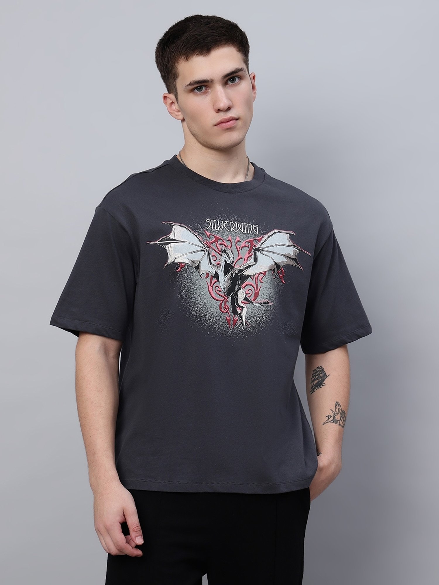 Free Authority Grey Cotton Oversized Printed T-Shirt