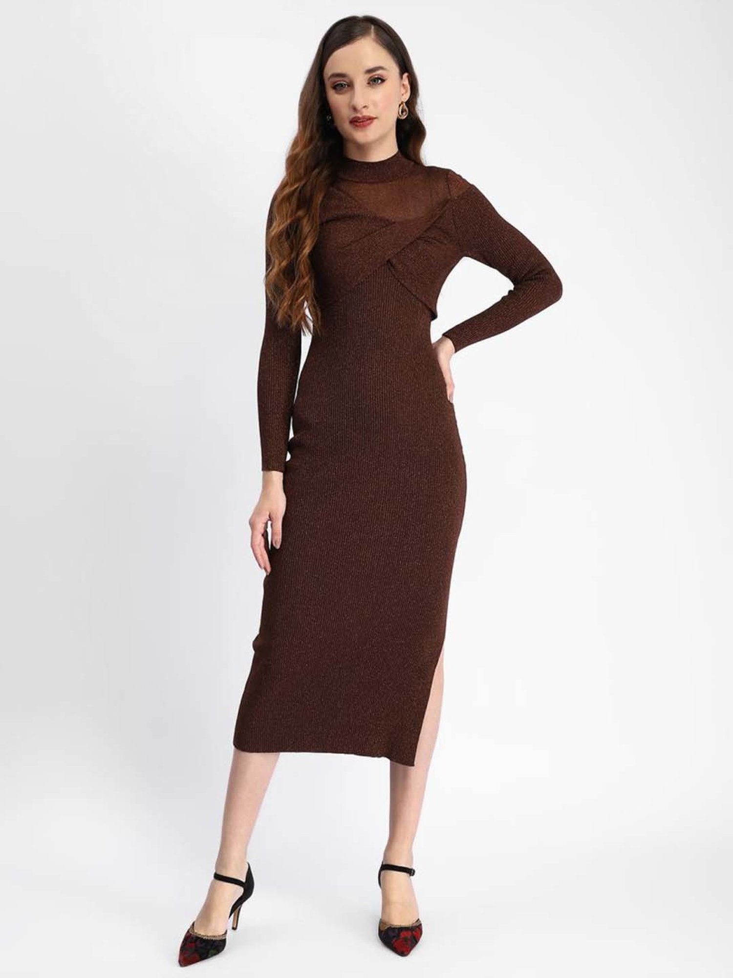 plain brown bodycon dress Off Track | Brown Bodycon Midi Dress With Sheer Sleeves