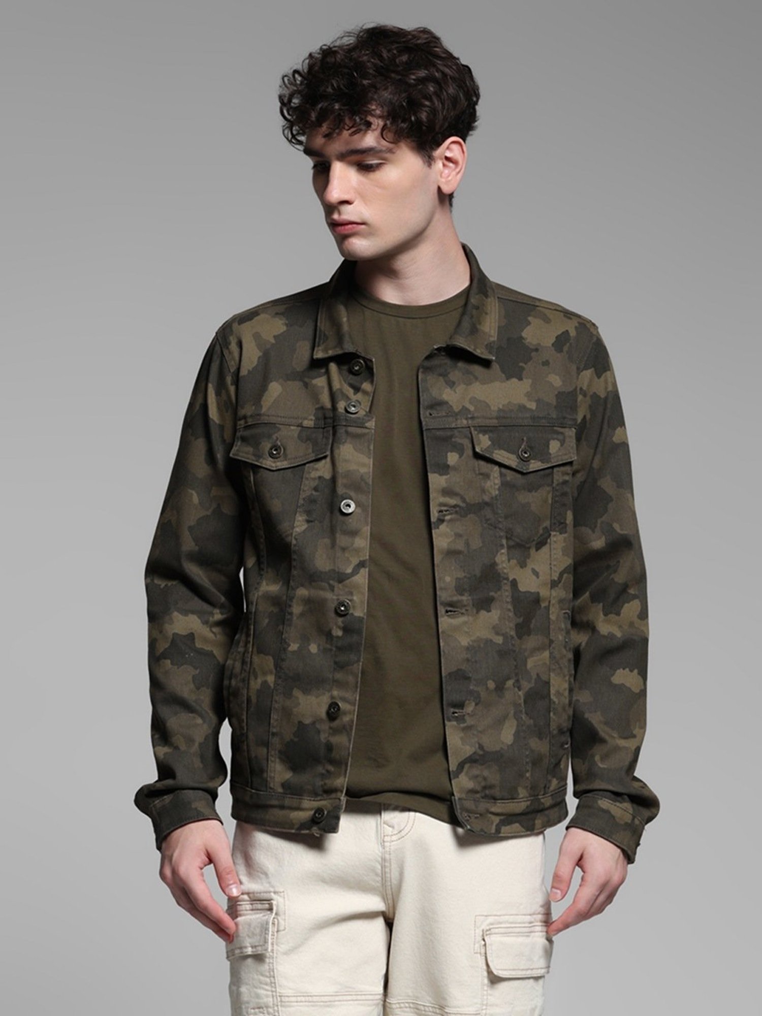 Jack & Jones Green Cotton Regular Fit Camouflage Jacket