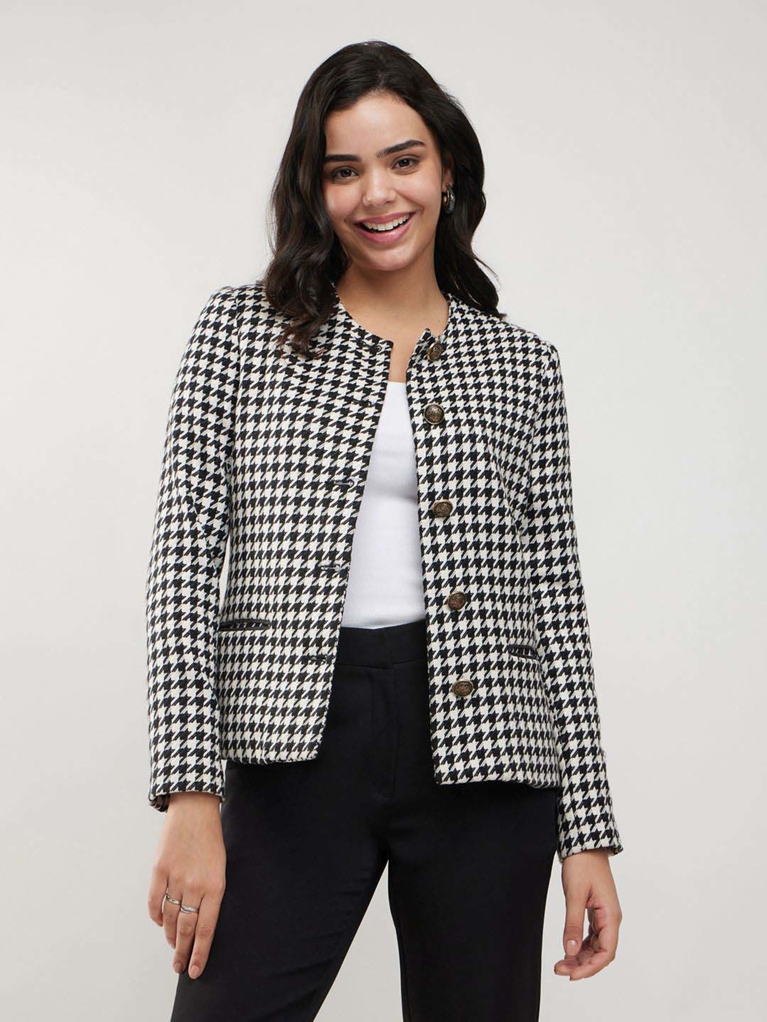 Fablestreet Black & White Polyester Houndstooth Jacket