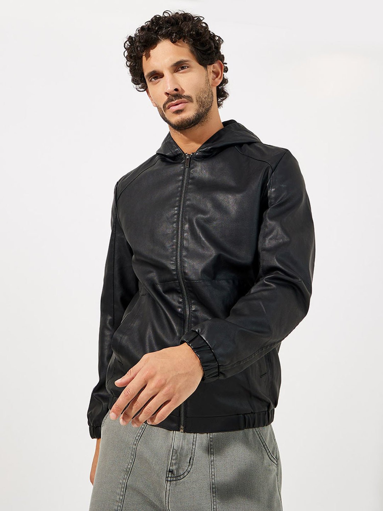 STRUM quilting leather hooded jacket blk