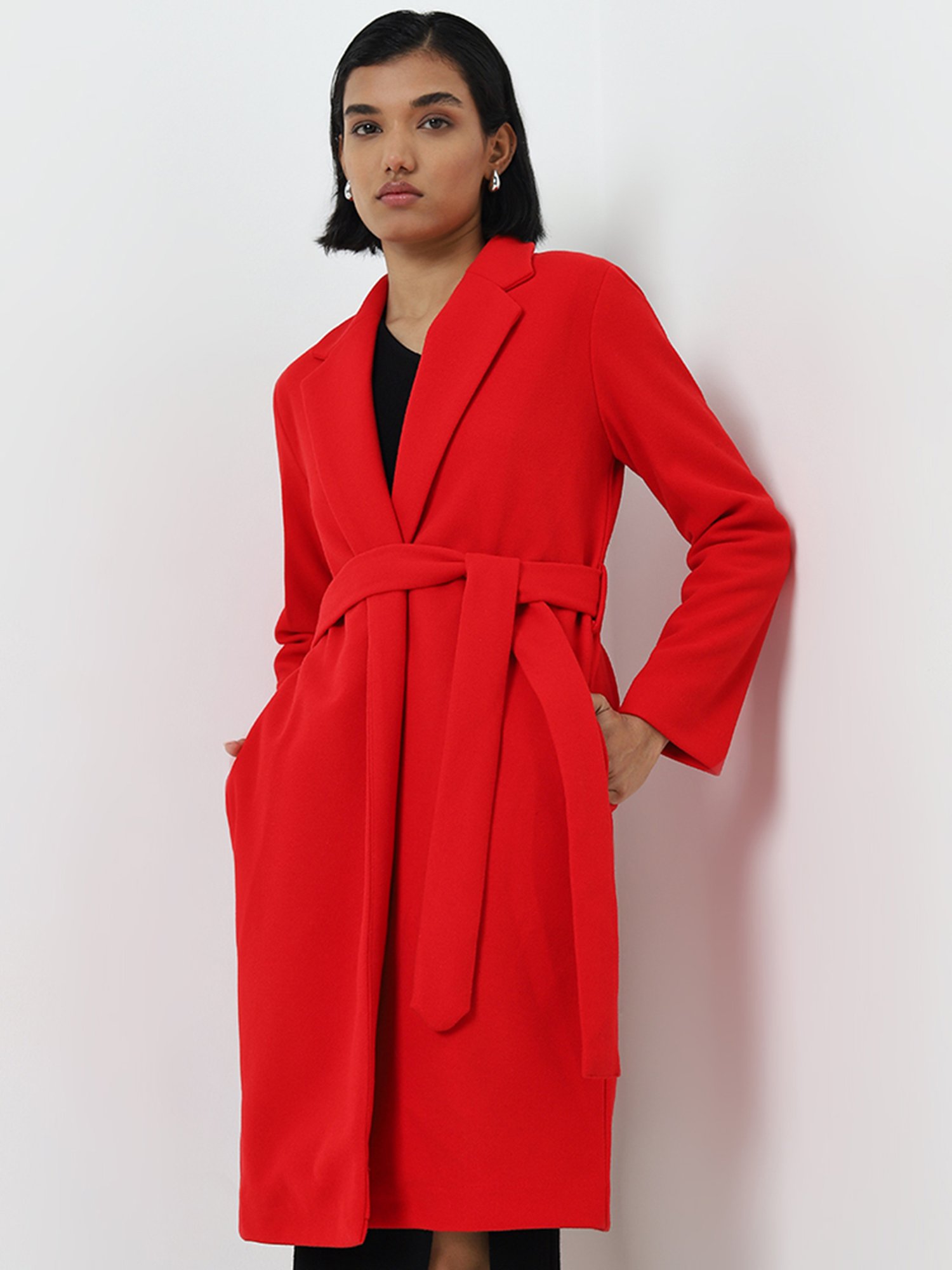 Wardrobe by Westside Red Long Coat with Belt