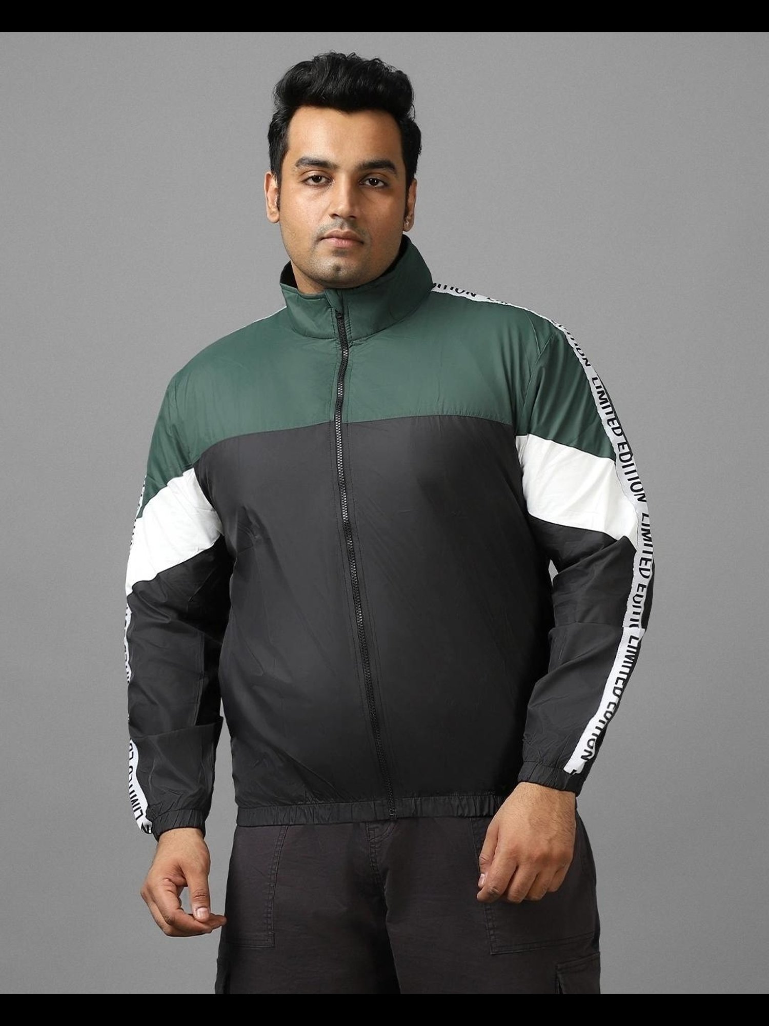 Bewakoof Men's Green & Black Color Block Plus Size Windcheater Jacket