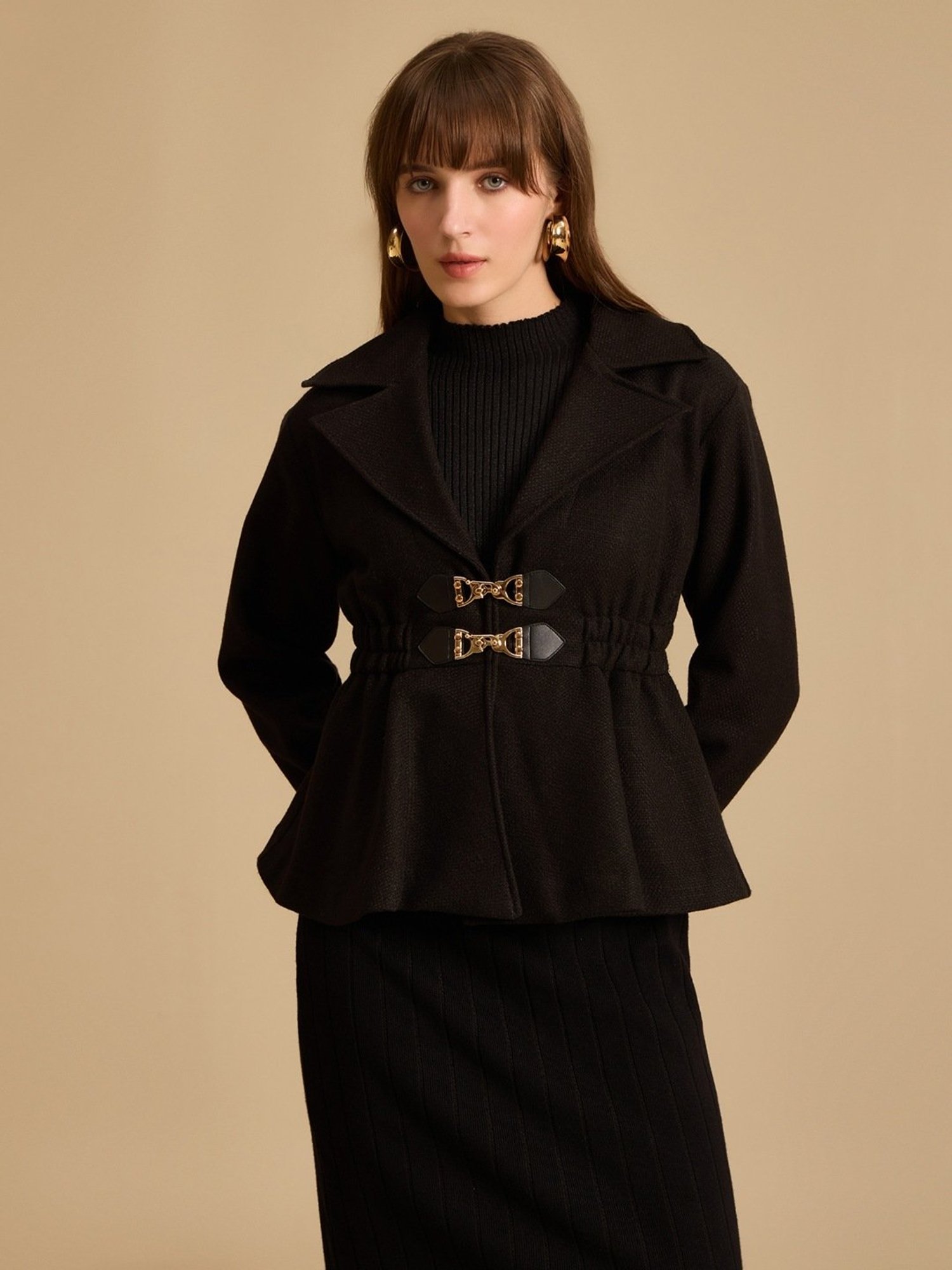 Kazo Black Solid Peplum Jacket