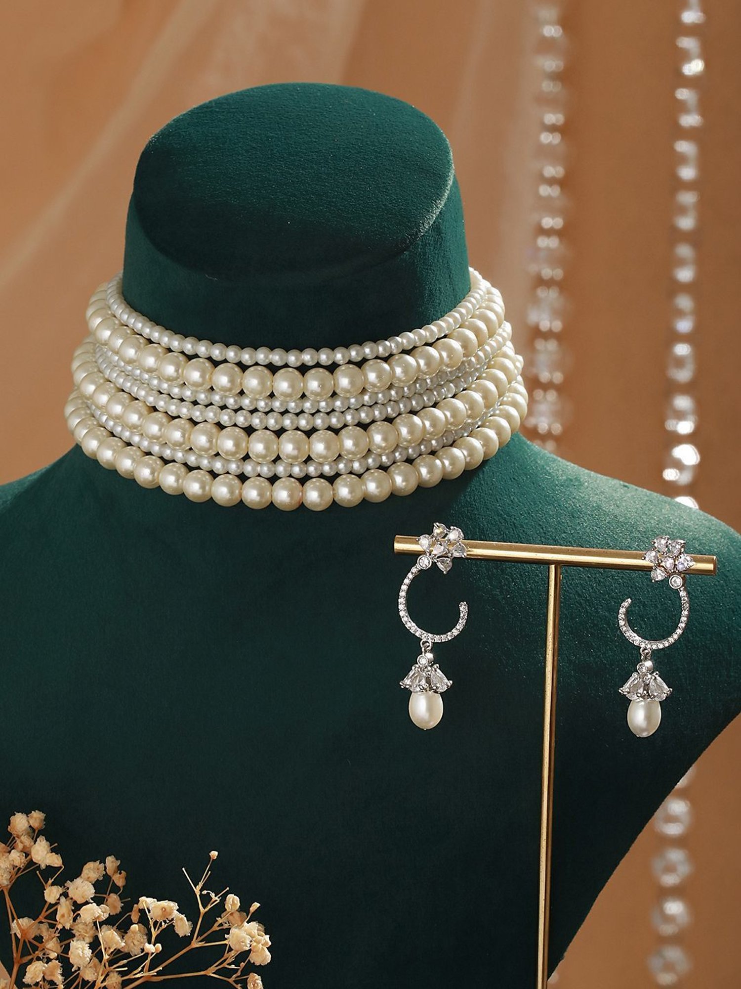 Buy Pearl Beaded 7 Layered Minimal Luxe Choker with AD Earrings