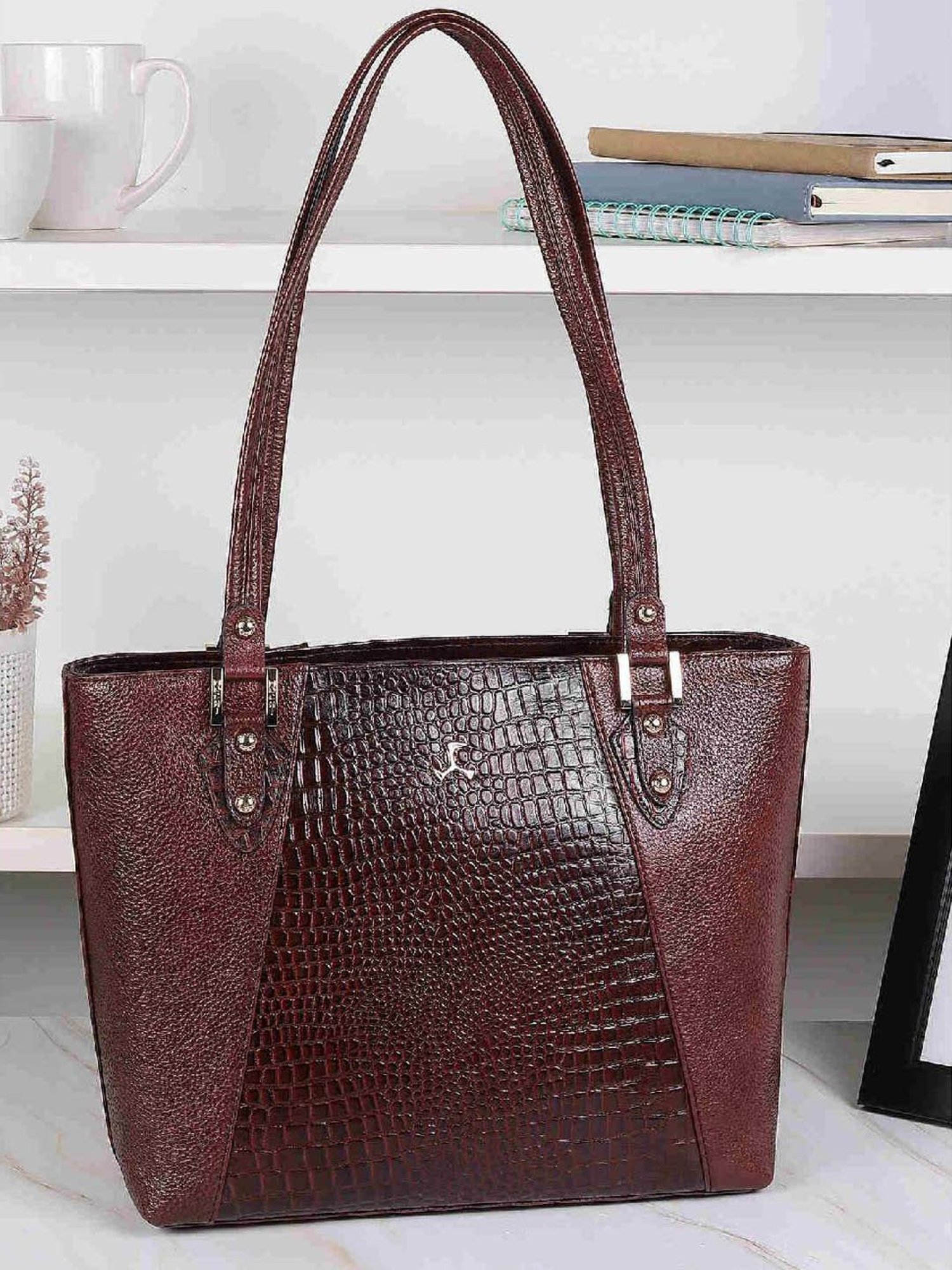 Mochi Brown Textured Large Shoulder Handbag