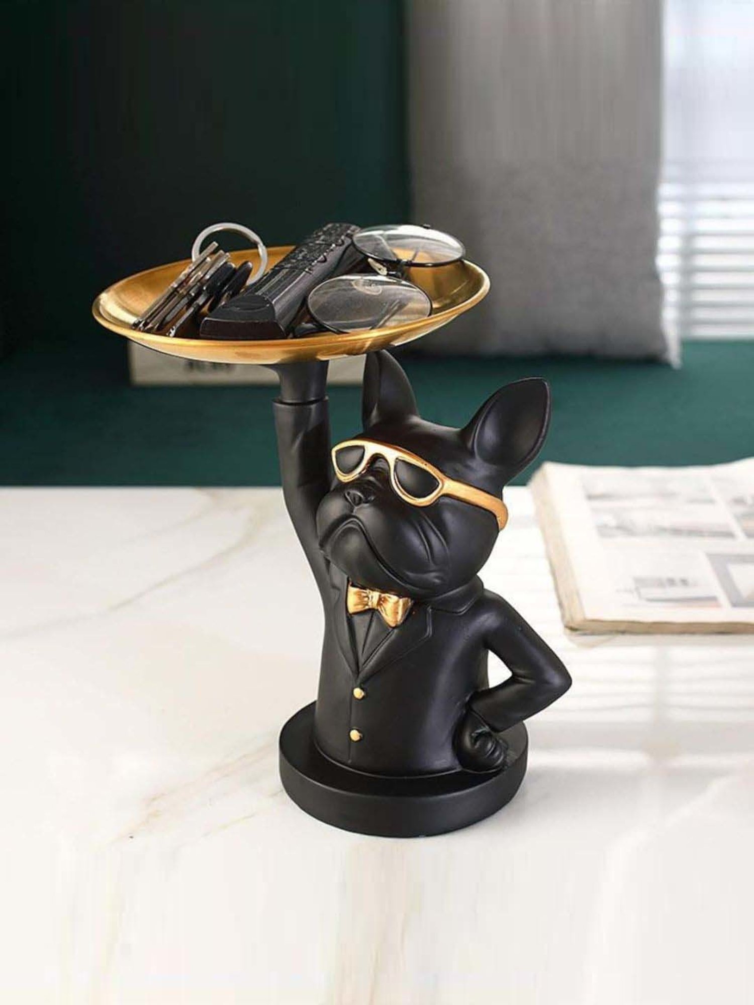 Buy Smokey Cocktail Black Resin Cute Bulldog Statue With Tray at