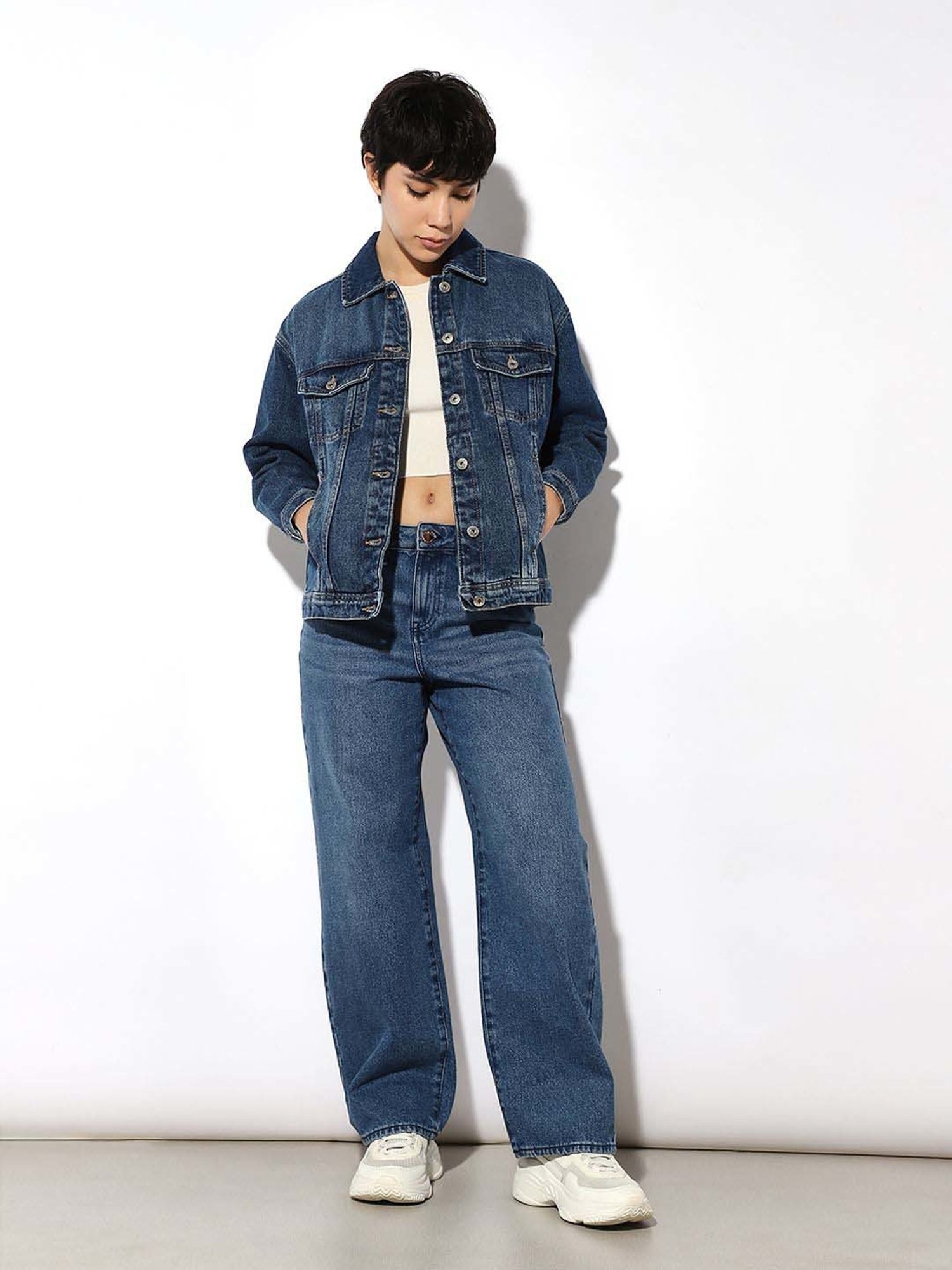 Buy Only Dark Blue Cotton Oversized Denim Jacket Online @ Tata