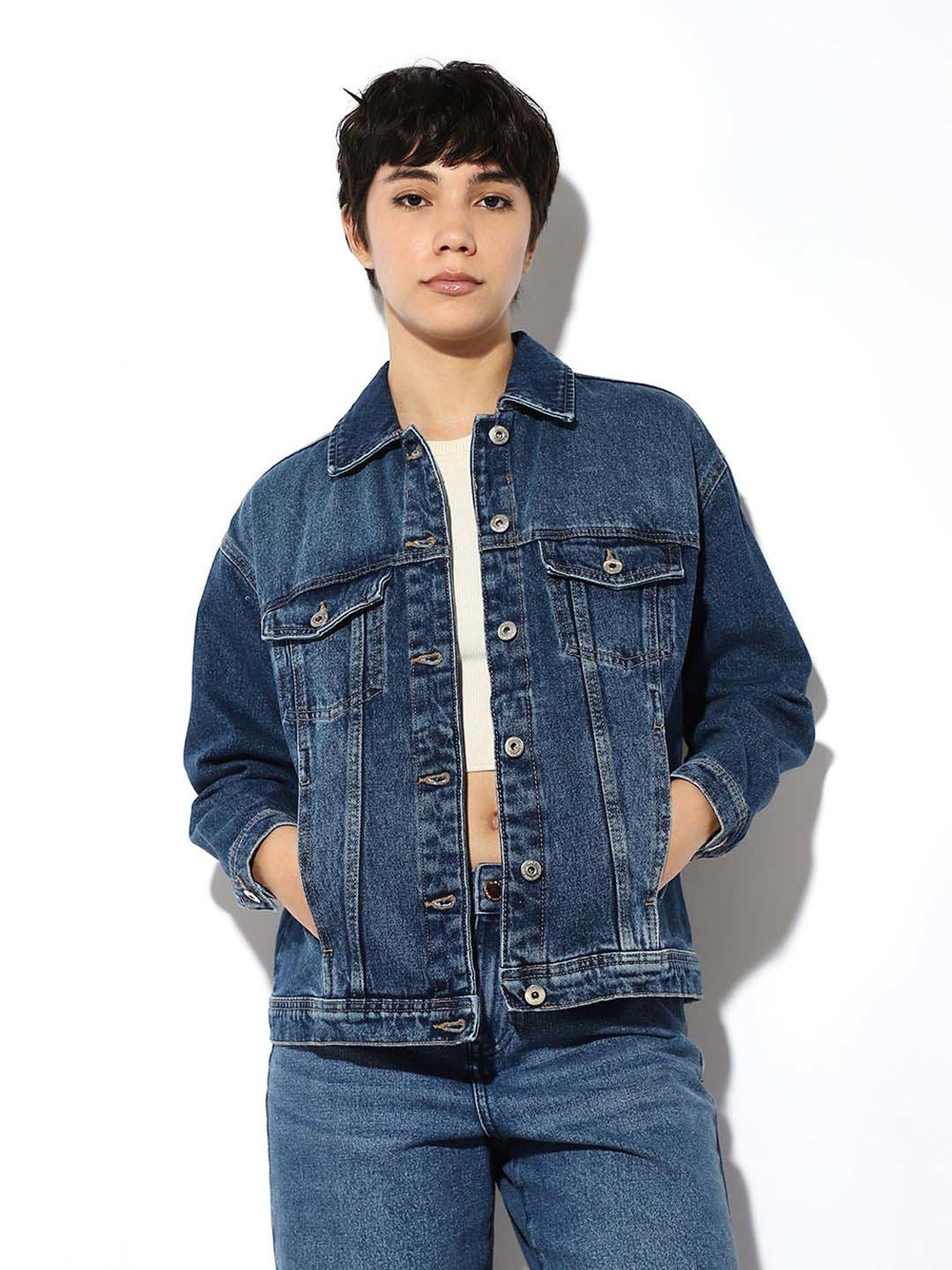 Buy Only Dark Blue Cotton Oversized Denim Jacket Online @ Tata
