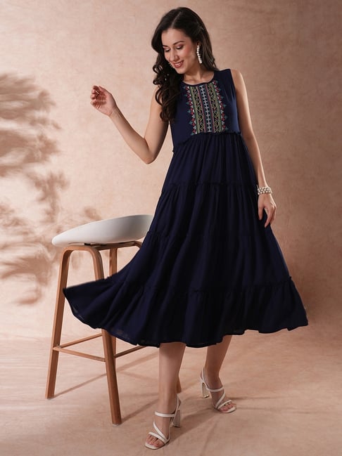 Globus Women Navy Embroidered Yoke Gathered Tiered Fit Flare