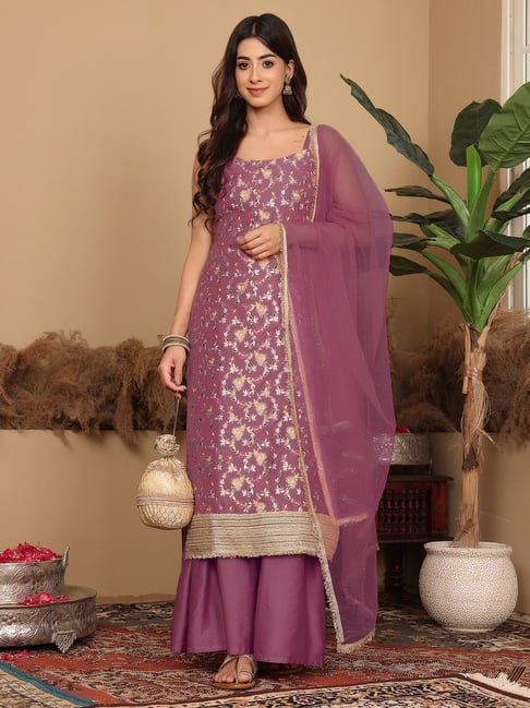 Varanga Pink Woven Pattern Kurta & Sharara Set With Dupatta