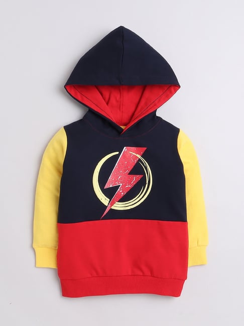 Bumzee Boys Multicolor Color Block Full Sleeves Hooded Sweatshirt