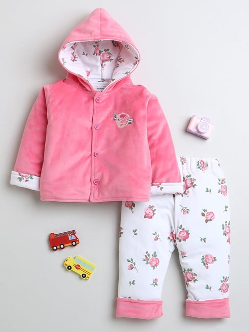 Bumzee Girls Pink White Embroidered Full Sleeves Hooded Sweatshirt With  Pants