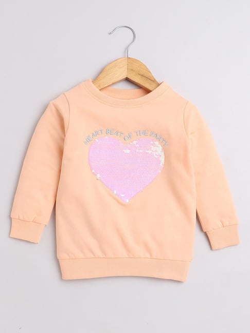 Bumzee Girls Peach Embellished Full Sleeves Sweatshirt