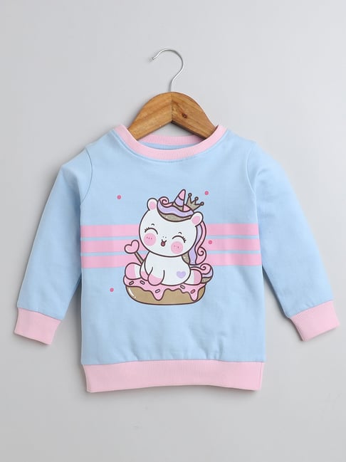 Bumzee Girls Sky Blue Printed Full Sleeves Sweatshirt