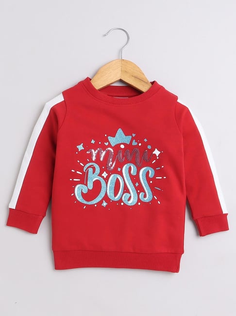Bumzee Girls Red Embellished Full Sleeves Sweatshirt