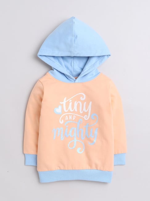Bumzee Girls Peach Blue Printed Full Sleeves Hooded Sweatshirt