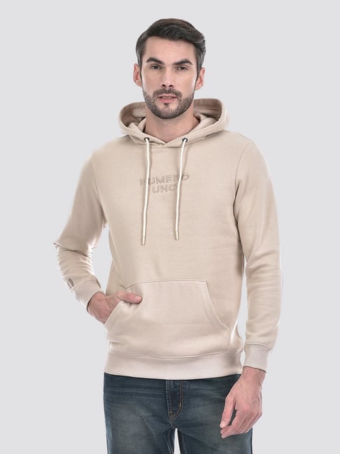 NUMERO UNO Beige Regular Fit Solid Hooded Neck Brushed