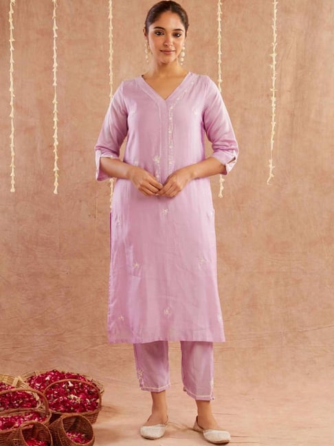 Zuri Purple Megha Embroidered Chanderi Kurta-picture-35