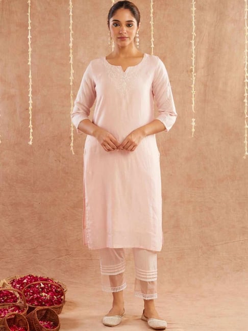 Zuri Pink Megha Embroidered Chanderi Kurta-picture-14