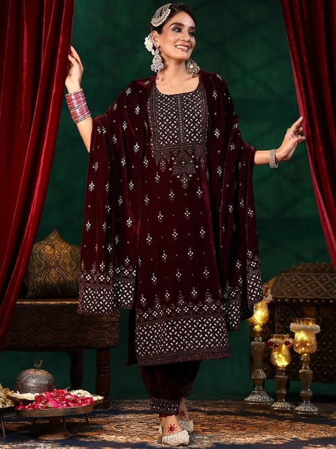 Buy Libas Burgundy Velvet Embellished Salwar Suit for Women Online