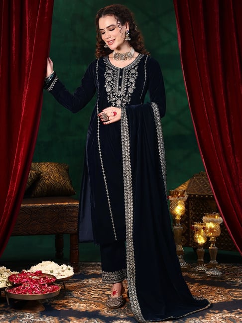 Libas Blue Velvet Embroidered Kurta Sets