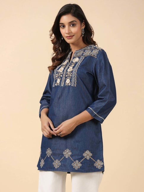 Buy Savi Blue Denim Regular Fit Embroidered Women Tops for Women