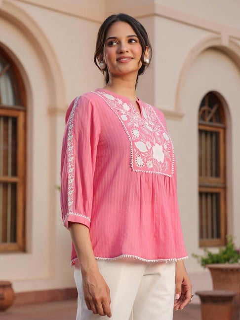 Savi Pink Cotton Regular Fit Embroidered Women Tops