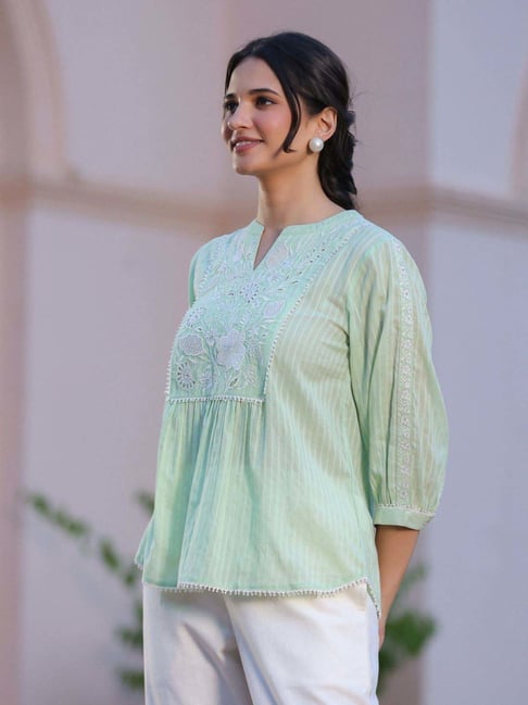 Savi Green Cotton Regular Fit Embroidered Women Tops