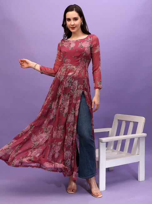 Scorpius Maroon Chiffon Fitted Floral Tunic