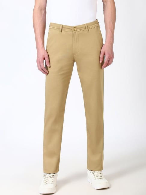 Buy Peter England Khaki Cotton Slim fit Solid Trouser () for Mens