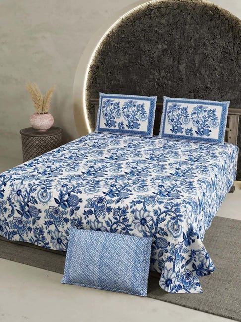 Living Roots Blue 300 TC Cotton King Bedsheet with 2 Pillow Covers-picture-19