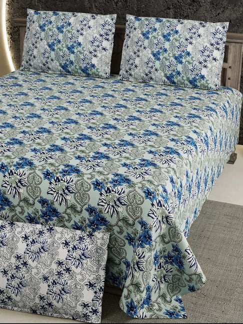 Living Roots Blue 300 TC Cotton King Bedsheet with 2 Pillow Covers-picture-36