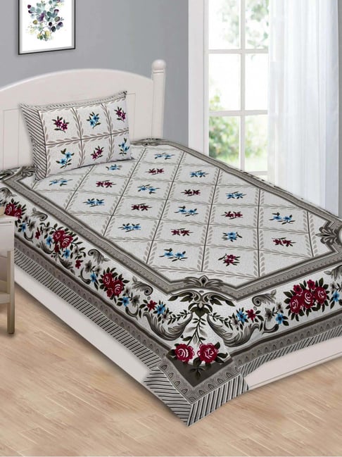 Living Roots Grey 180 TC Cotton Single Bedsheet with 1 Pillow Cover