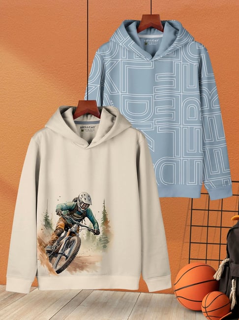 HELLCAT Boys Beige & Grey Printed Full Sleeves Hoodie (Pack Of 2)