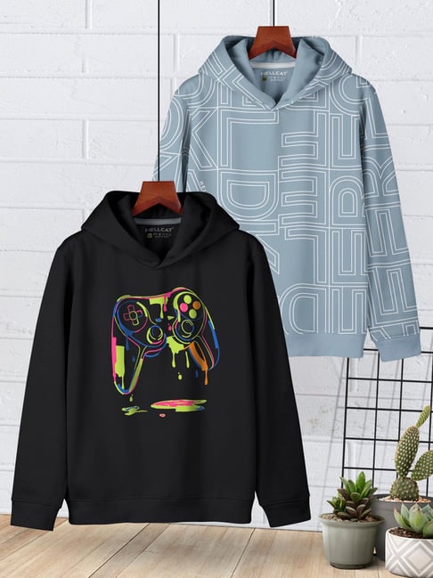 HELLCAT Boys Black & Grey Printed Full Sleeves Hoodie (Pack Of 2)