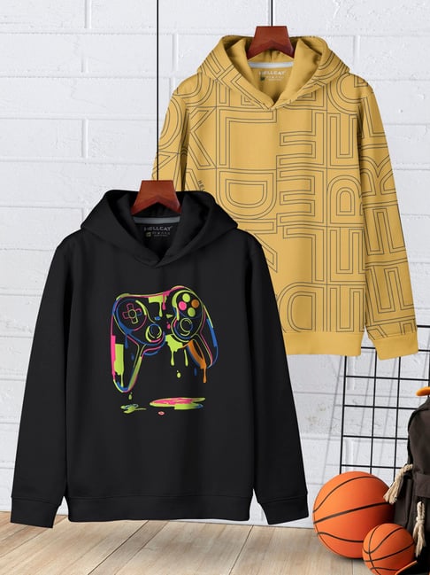 HELLCAT Boys Black & Yellow Printed Full Sleeves Hoodie (Pack Of 2)