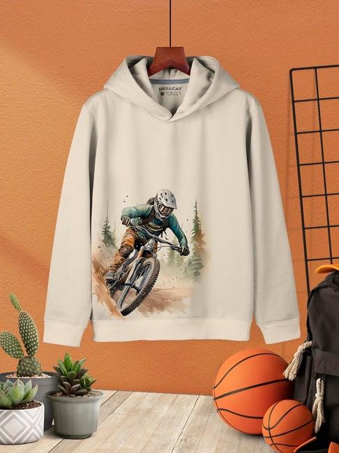 HELLCAT Boys Beige Printed Full Sleeves Hoodie