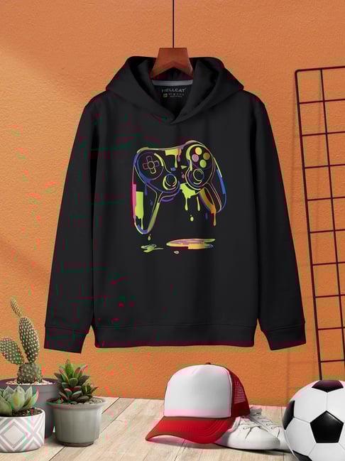 HELLCAT Boys Black Printed Full Sleeves Hoodie