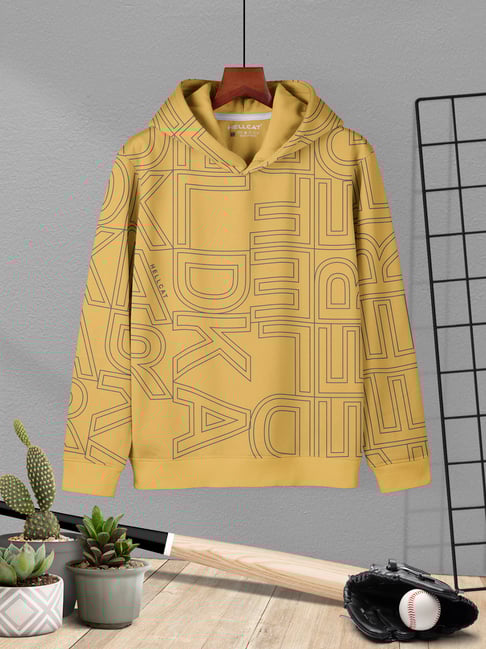 HELLCAT Boys Yellow Printed Full Sleeves Hoodie