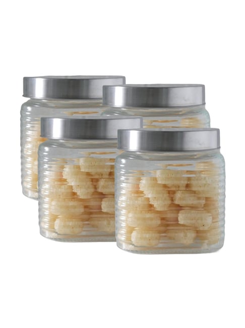 Femora Embossed Line Glass Square Kitchen Storage Jar With Airtight Steel Lid 650ml - Set of 4-picture-30