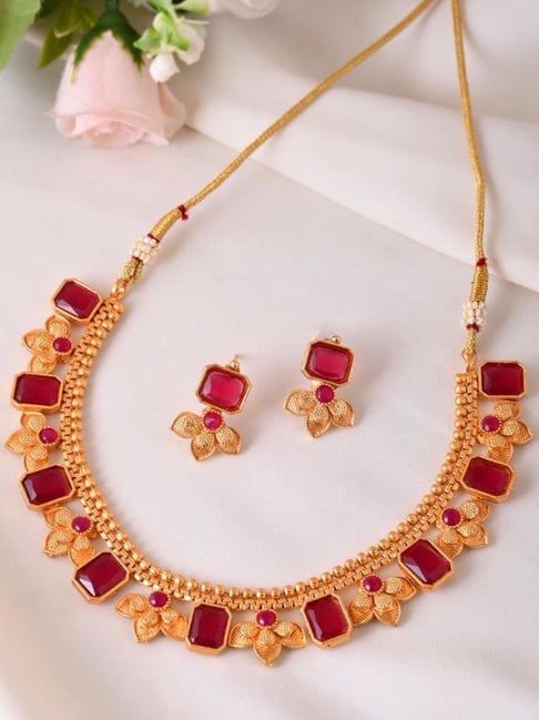 VOJ Gold Plated Traditional Maroon Stone Studded Jewellery Set