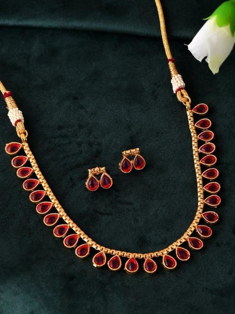 VOJ Gold Plated Maroon Stone Studded Jewellery Set-picture-30