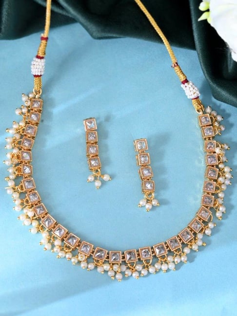 VOJ Gold Tone Stone Studded Necklace & Earrings Set-picture-34