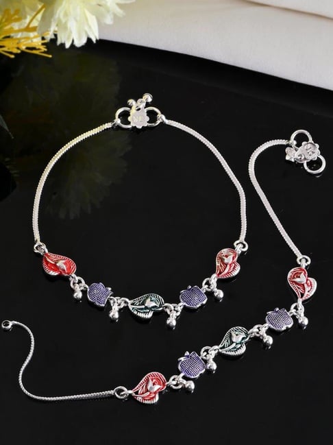 VOJ Silver Plated Designer Multicolor Anklet Set of 2-picture-37