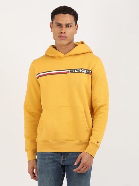 Mens Sweatshirts Tommy Hoodie Yellow Tommy Hilfiger Yellow Cotton