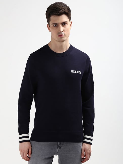 Crew Neck Hilfiger Pullover Slim Fit Tommy Hilfiger Navy Cotton