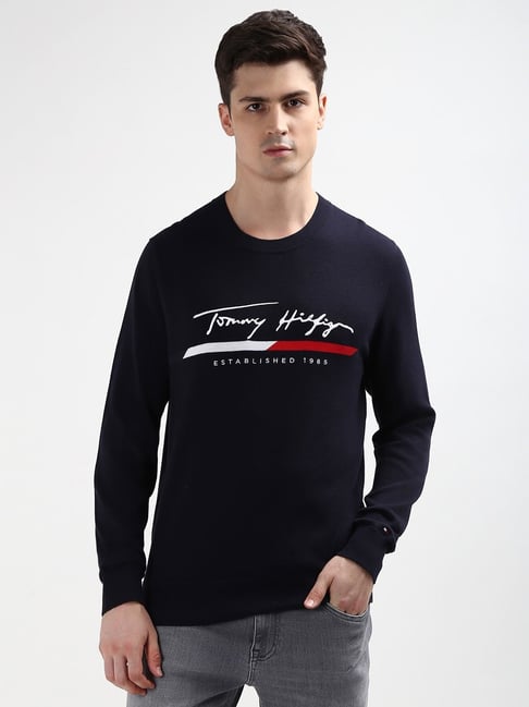 Tommy Hilfiger Navy Cotton Regular Fit Logo Printed Pullover-picture-14
